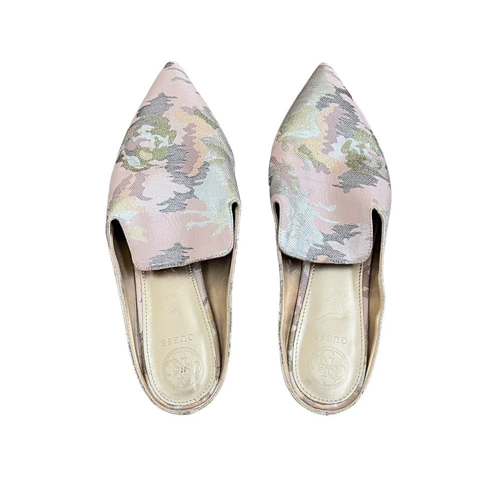 Guess Pink and Cream Mules with Pointed Toe Sparkly Flats Size: 9